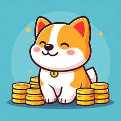 Cute Shiba Inu Dog Sitting With Gold Coins Cryptocurrency Investment Concept.