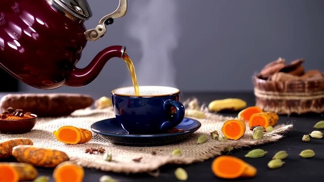 Aromatic tea being poured into a cup, surrounded by turmeric and spices