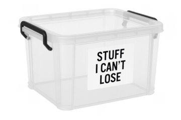 Transparent plastic storage box containing important stuff