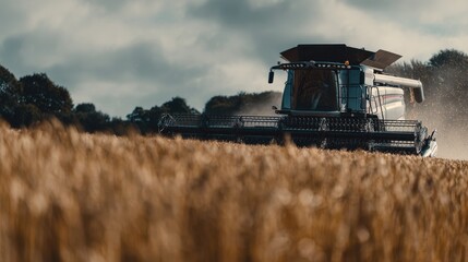 Fototapeta premium Medium shot showcasing a combine harvesters grain tank filling with harvested crops the equipment crisp and clear while the surrounding field remains softly blurred