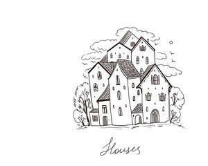 Fantasy illustration of classic vintage  village houses, beautiful rural style, sketch on white background	
