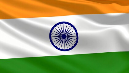 A vibrant illustration of the Indian flag, showcasing the orange, white, and green stripes and the central emblem in deep blue.
