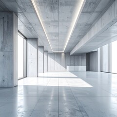 A spacious, modern concrete interior, bathed in natural light, showcases a minimalist design with large windows and sleek lines.