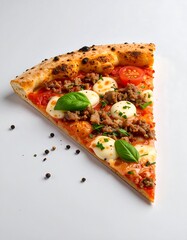 Close-up of a savory pizza slice with a crispy crust, showcasing a medley of toppings including mozzarella cheese, flavorful sausage, fresh basil, and cherry tomatoes.