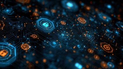 Cyber security network; glowing digital lock icons on circuit board