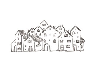 Fantasy illustration of classic vintage  village houses, beautiful rural style, sketch on white background	
