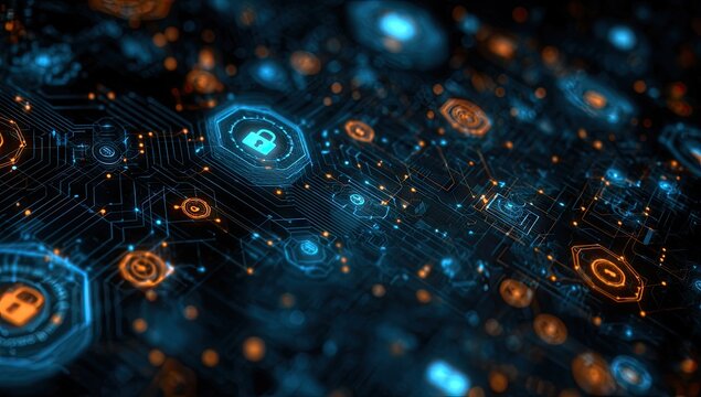 Cyber security network; glowing digital lock icons on circuit board - Powered by Adobe