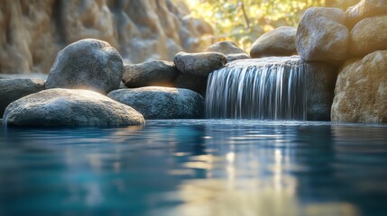 Obraz premium A serene zen waterfall feature surrounded by smooth rocks, with a calm pool reflecting natural light, creating an ultra-detailed tranquil scene.