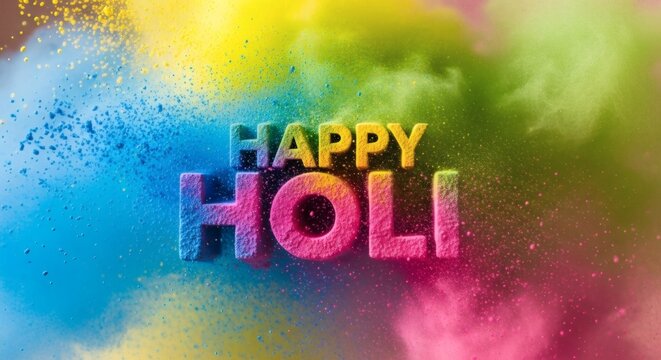 Happy Holi 3D Text with Colorful Powder Explosion