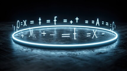 Neon Mathematical Symbols Glowing in a Dark Setting Create a Futuristic Ambiance of Science and Technology