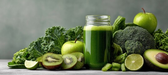 Refreshing green juice with kale, kiwi, apple, broccoli, avocado, and lime