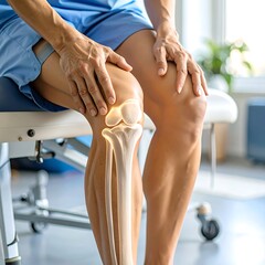 A person's knee with superimposed anatomical skeletal structure, highlighting pain and injury.