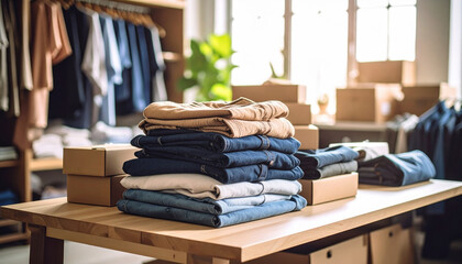 Folded jeans and pants stacked on wooden table in bright clothing store with boxes and hanging clothes in background