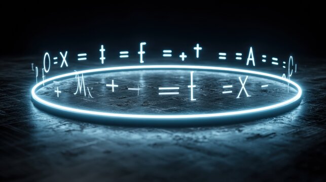 Neon Mathematical Symbols Glowing in a Dark Setting Create a Futuristic Ambiance of Science and Technology