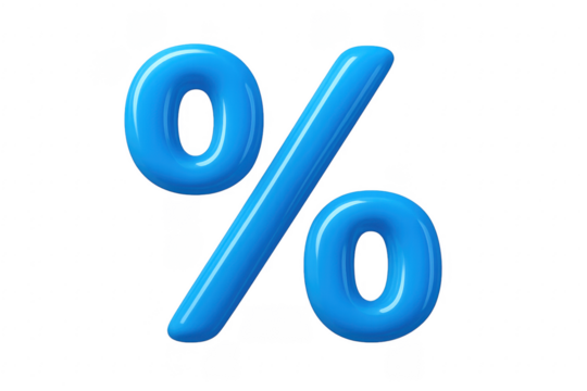 Glossy blue percentage symbol floating on transparent background