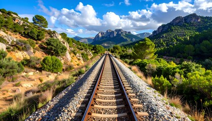 A scenic railway track stretches through a mountainous landscape, showcasing vibrant greenery and rocky terrain under a bright sky.