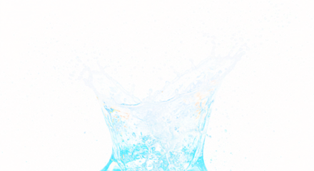 Dynamic water splash with intricate droplets and vibrant blue hues.