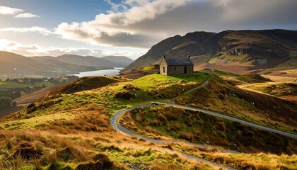A picturesque landscape showcases a quaint stone cottage nestled atop a hill, bathed in the warm glow of golden sunlight, overlooking a serene valley and lake.