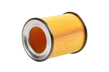Cylindrical Yellow Engine Oil Filter on Transparent Background