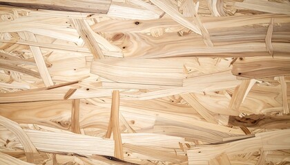 A close-up view of a light beige wood chipboard surface, showcasing the diverse and irregular arrangement of wood pieces.