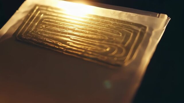 Close-up of a golden, patterned rectangle