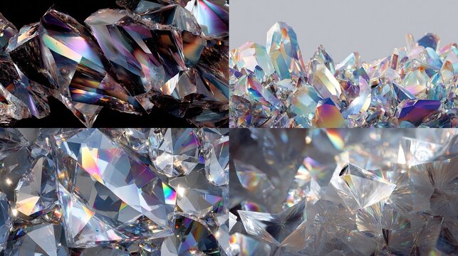 Sparkling crystal shards shimmer with iridescent rainbow reflections in four panels