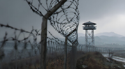 Barbed wire fence stretches into the distance with a guard tower in the background under a cloudy, overcast sky.