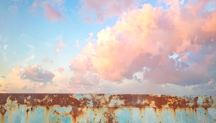 A serene sky filled with soft, pastel-hued clouds rests above a rusty metal barrier, creating a peaceful and tranquil scene.