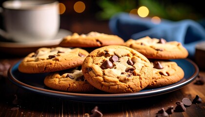Close-up of chocolate chip cookies on a plate