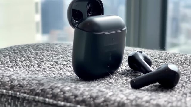 Black wireless earbuds in charging case on textured fabric