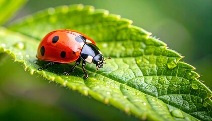 A vibrant ladybug rests gracefully on a glistening green leaf, its reddish-orange shell speckled with black dots.