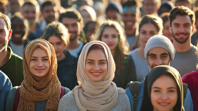 A diverse group of people, including individuals of different ages, genders, and ethnicities, stand together in a public setting, possibly a park or a gathering place.