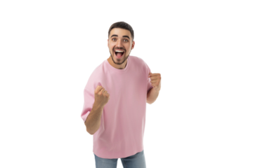 Young man joyfully celebrates with raised fists, isolated, PNG