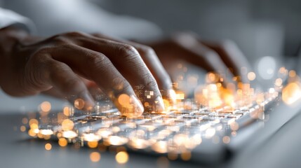 A close-up of a hand typing on a keyboard, surrounded by a glowing overlay of cityscape elements, symbolizing technology and digital communication.