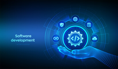 Software development practices methodology. Devops. Agile development optimization concept. Software engineering. Software development icon in wireframe hand. Vector illustration.