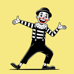 Playful cartoon mime with open arms, striped outfit, and red nose on yellow background.