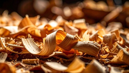 Close-up view of intricate wood shavings, showcasing a warm golden hue against a dark backdrop, highlighting the artistry of woodworking.