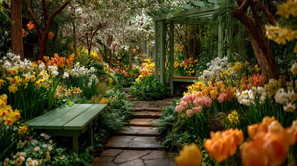 Obraz premium A garden path with benches and a pergola surrounded by colorful flowers.