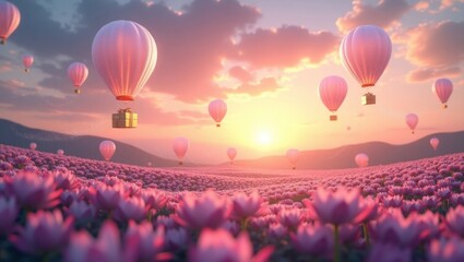 Fototapeta premium Pink hot air balloons carrying gifts over a field of flowers at sunset.