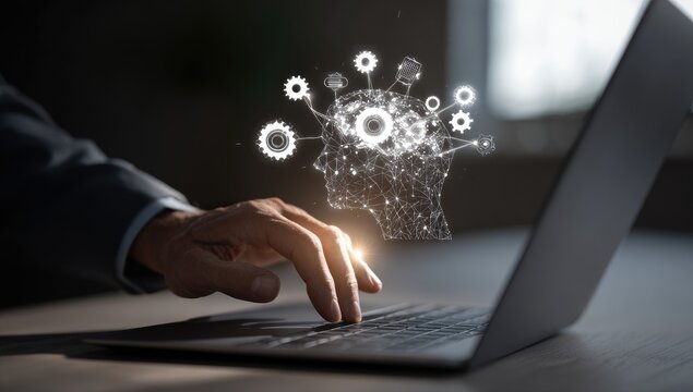 AI integration, person interacts with digital brain on laptop
