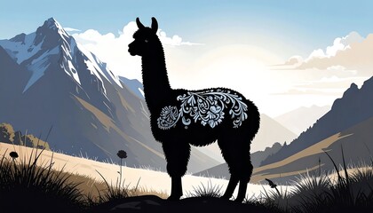 A silhouette of a llama, adorned with intricate floral patterns, stands majestically amidst a serene mountain landscape.