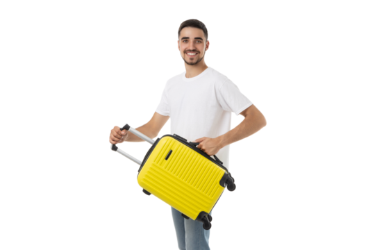 Young man with bright suitcase, ready to travel, isolated, PNG