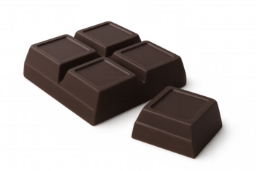Dark chocolate squares breaking apart, revealing deep brown hue and glossy surface, resting on clear glass surface with clean composition