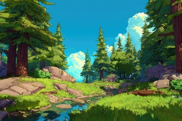 Sunlit forest stream flows through lush greenery and rocky terrain