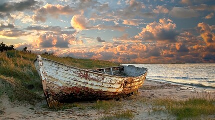 An old, weathered boat sits abandoned on a sandy beach, with a cloudy sky above and the ocean in the background.