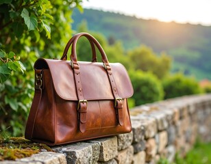 Brown leather briefcase resting on a stone wall outdoors