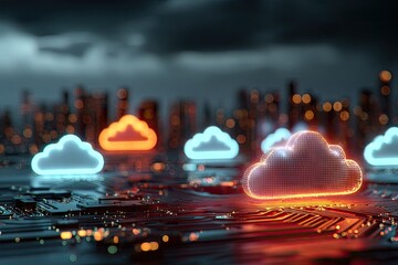 Glowing cloud icons over a city circuit board, symbolizing cloud computing and digital infrastructure