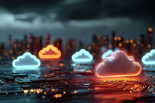 Glowing cloud icons over a city circuit board, symbolizing cloud computing and digital infrastructure