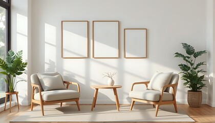 Minimalist Living Room Interior with Natural Light and Empty Frames