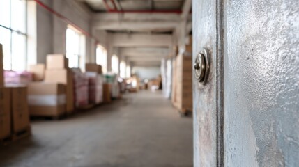 Warehouse fire door partially open the fireresistant barrier in clear detail while the surrounding aisles and boxes remain softly out of focus.